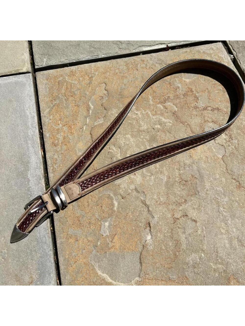 Y2K Tan + Brown Two Tone Leather Metal Tip Belt